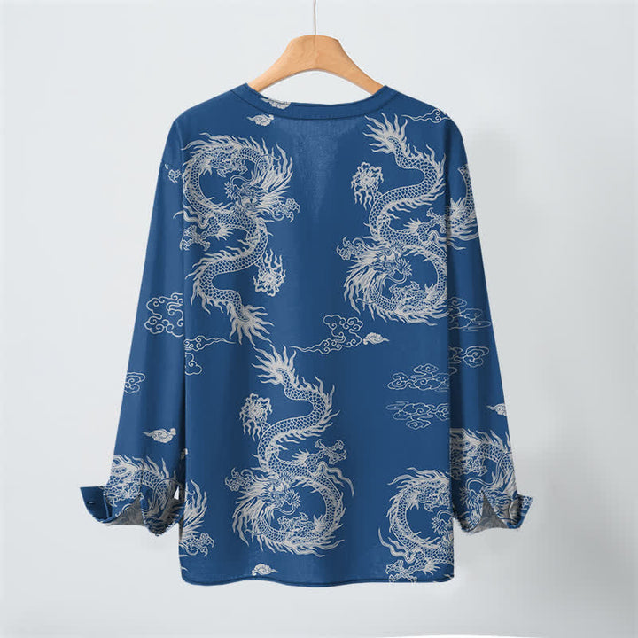 Buddha Stones Camicia da uomo a maniche lunghe con scollo a V e bottoni, in cotone, con motivo drago e nuvole in stile orientale bianco. - image 17