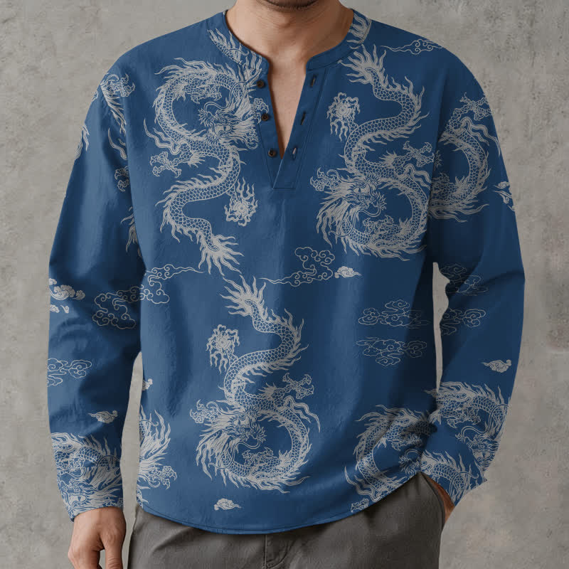 Buddha Stones Camicia da uomo a maniche lunghe con scollo a V e bottoni, in cotone, con motivo drago e nuvole in stile orientale bianco. - image 15