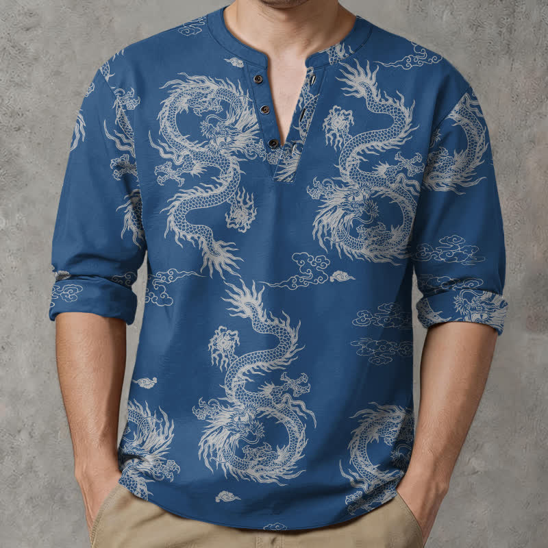 Buddha Stones Camicia da uomo a maniche lunghe con scollo a V e bottoni, in cotone, con motivo drago e nuvole in stile orientale bianco. - SteelBlue - US/UK/AU48, EU58 (4XL) - image 14