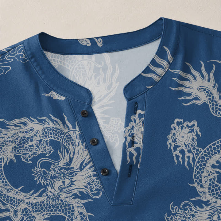 Buddha Stones Camicia da uomo a maniche lunghe con scollo a V e bottoni, in cotone, con motivo drago e nuvole in stile orientale bianco. - image 18