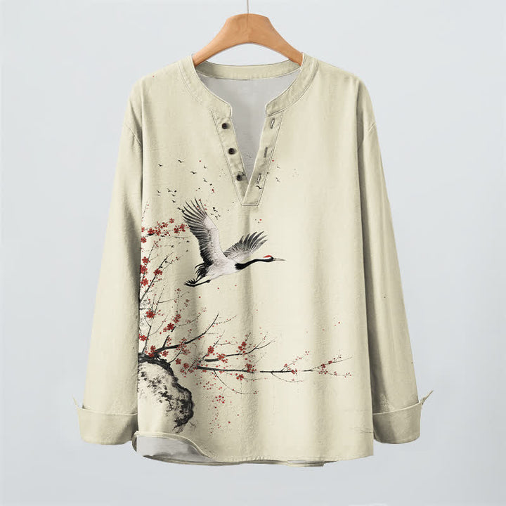 Buddha Stones Camicia da uomo a maniche lunghe con scollo a V e bottoni, stampa a gru in cotone, colore inchiostro. - image 2