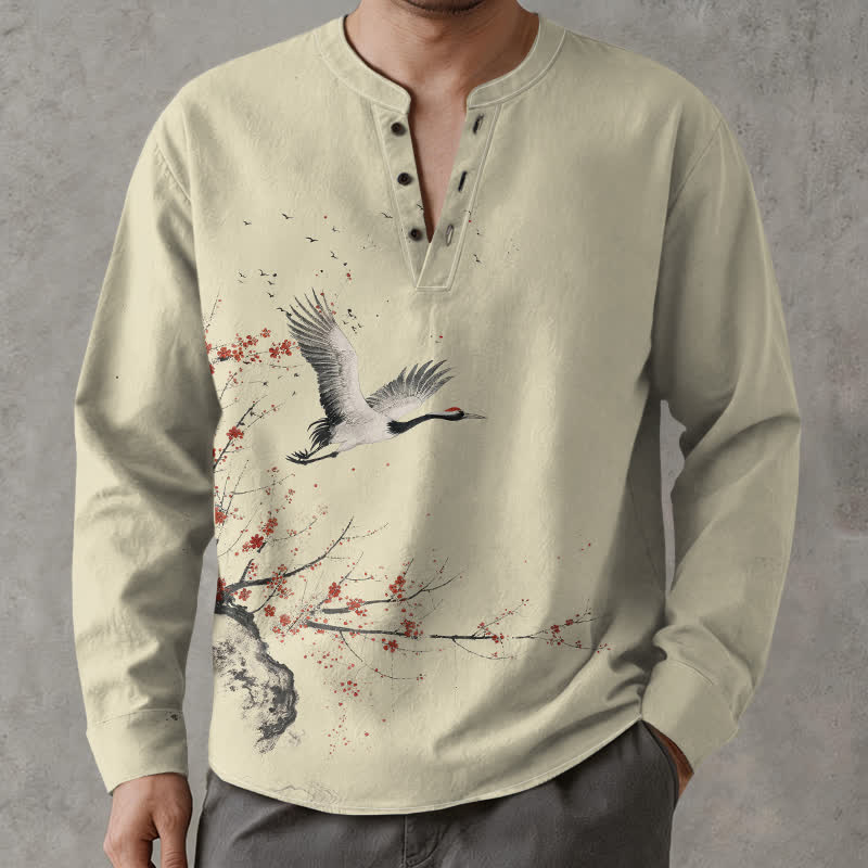 Buddha Stones Camicia da uomo a maniche lunghe con scollo a V e bottoni, stampa a gru in cotone, colore inchiostro. - Biancheria - US/UK/AU48, EU58 (4XL) - image 0