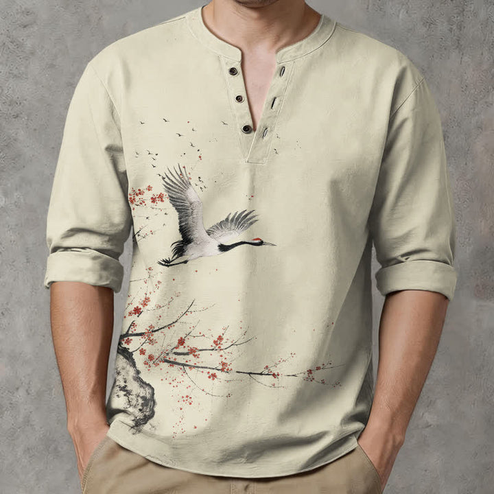 Buddha Stones Camicia da uomo a maniche lunghe con scollo a V e bottoni, stampa a gru in cotone, colore inchiostro. - image 1