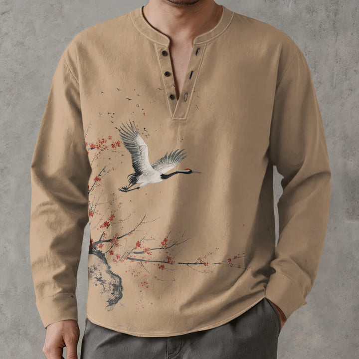 Buddha Stones Camicia da uomo a maniche lunghe con scollo a V e bottoni, stampa a gru in cotone, colore inchiostro. - Tan - US/UK/AU48, EU58 (4XL) - image 7