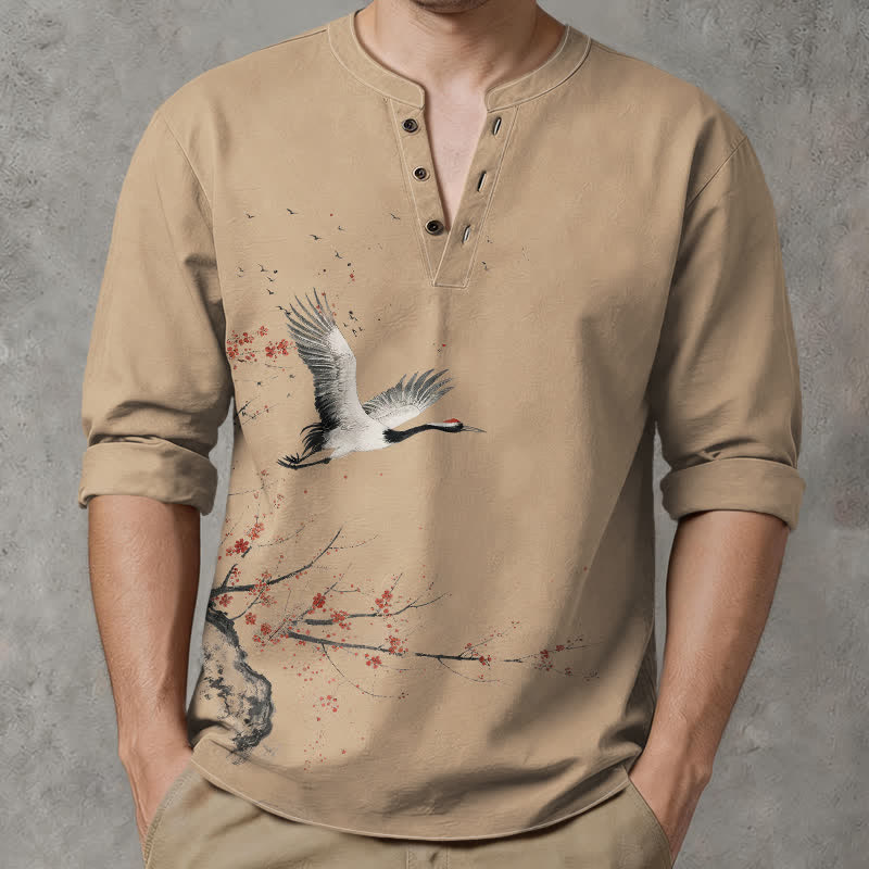 Buddha Stones Camicia da uomo a maniche lunghe con scollo a V e bottoni, stampa a gru in cotone, colore inchiostro. - image 8
