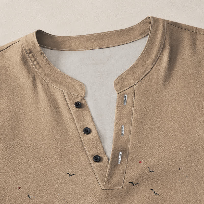 Buddha Stones Camicia da uomo a maniche lunghe con scollo a V e bottoni, stampa a gru in cotone, colore inchiostro. - image 11