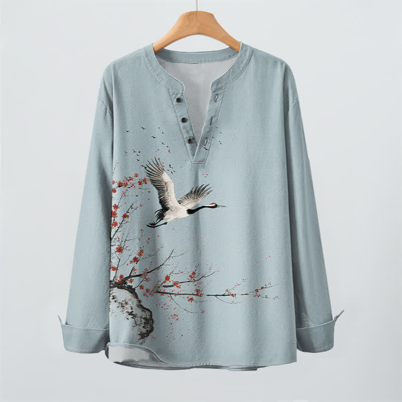Buddha Stones Camicia da uomo a maniche lunghe con scollo a V e bottoni, stampa a gru in cotone, colore inchiostro. - image 16