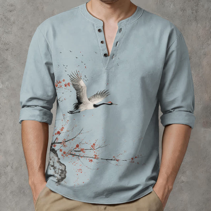 Buddha Stones Camicia da uomo a maniche lunghe con scollo a V e bottoni, stampa a gru in cotone, colore inchiostro. - image 15
