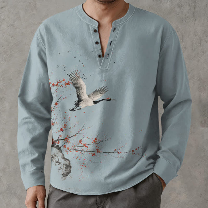 Buddha Stones Camicia da uomo a maniche lunghe con scollo a V e bottoni, stampa a gru in cotone, colore inchiostro. - Azzurro polvere - US/UK/AU48, EU58 (4XL) - image 14