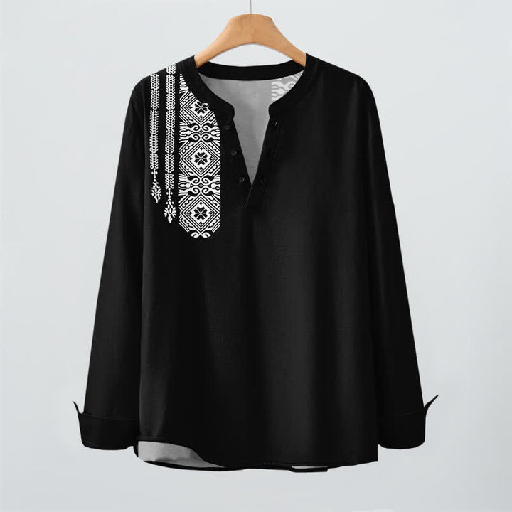 Buddha Stones Camicia da uomo a maniche lunghe con scollo a V e bottoni, in cotone, con motivo geometrico a quadrati tribali. - image 2