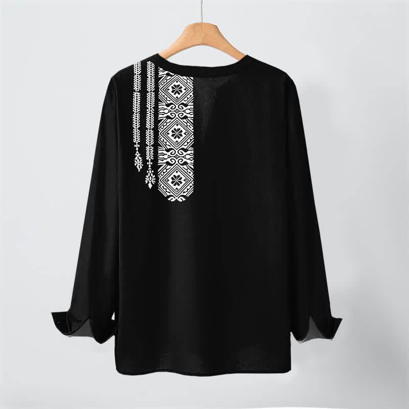 Buddha Stones Camicia da uomo a maniche lunghe con scollo a V e bottoni, in cotone, con motivo geometrico a quadrati tribali. - image 3