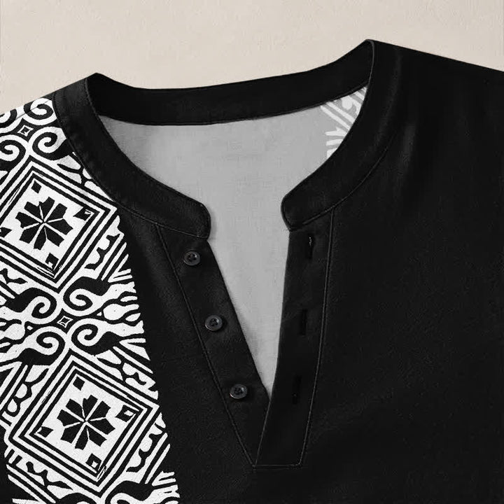Buddha Stones Camicia da uomo a maniche lunghe con scollo a V e bottoni, in cotone, con motivo geometrico a quadrati tribali. - image 4