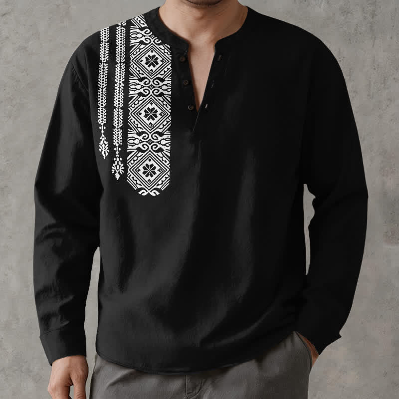 Buddha Stones Camicia da uomo a maniche lunghe con scollo a V e bottoni, in cotone, con motivo geometrico a quadrati tribali. - Nero - US/UK/AU48, EU58 (4XL) - image 1
