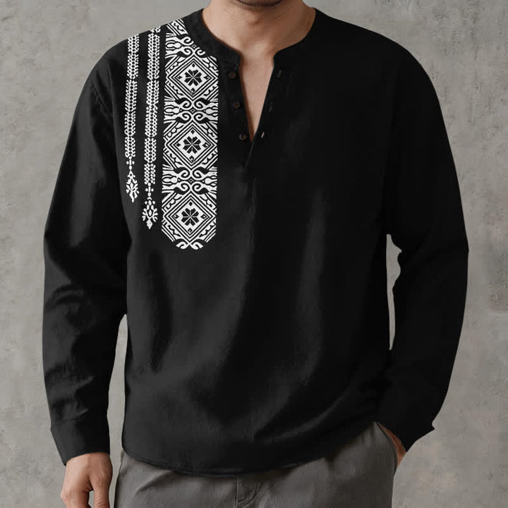 Buddha Stones Camicia da uomo a maniche lunghe con scollo a V e bottoni, in cotone, con motivo geometrico a quadrati tribali. - Nero - US/UK/AU48, EU58 (4XL) - image 1