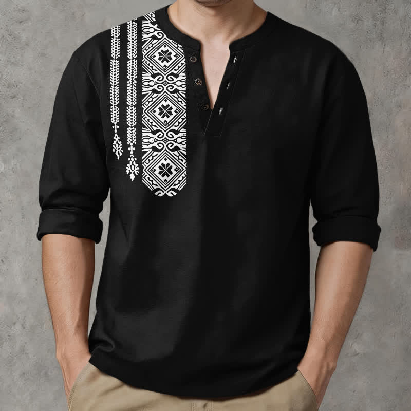 Buddha Stones Camicia da uomo a maniche lunghe con scollo a V e bottoni, in cotone, con motivo geometrico a quadrati tribali. - image 0