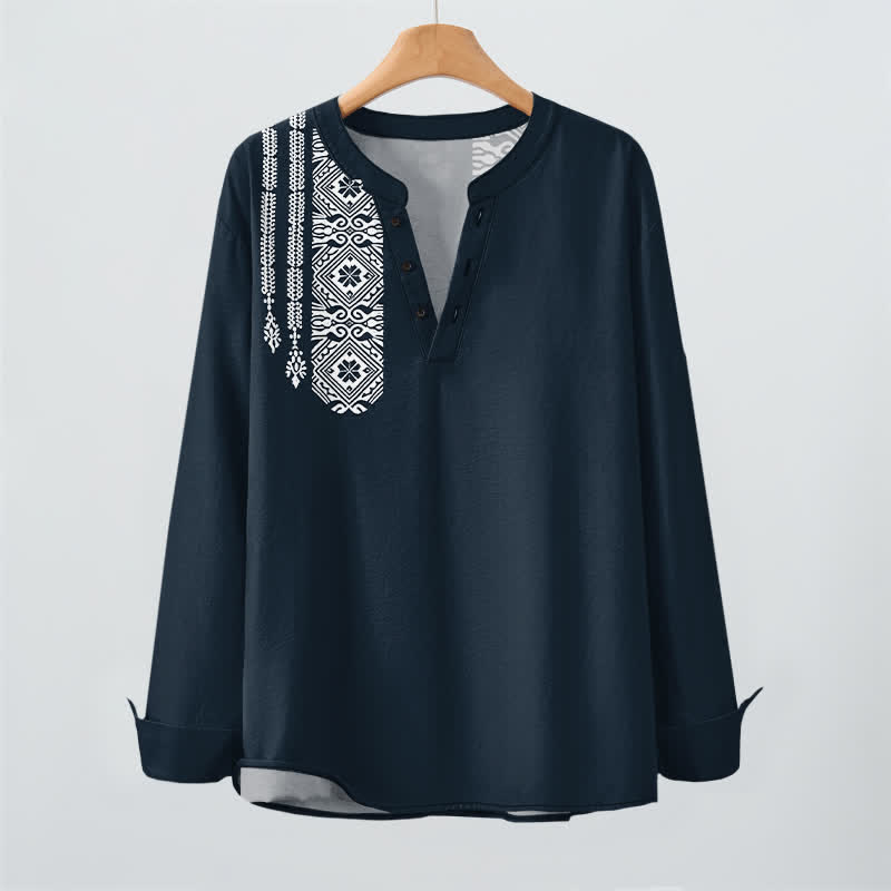 Buddha Stones Camicia da uomo a maniche lunghe con scollo a V e bottoni, in cotone, con motivo geometrico a quadrati tribali. - image 9
