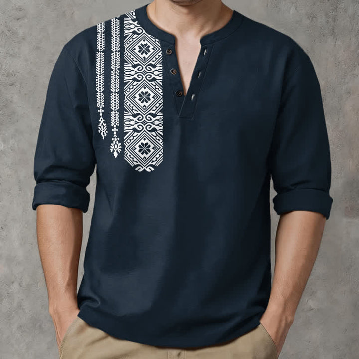 Buddha Stones Camicia da uomo a maniche lunghe con scollo a V e bottoni, in cotone, con motivo geometrico a quadrati tribali. - image 8