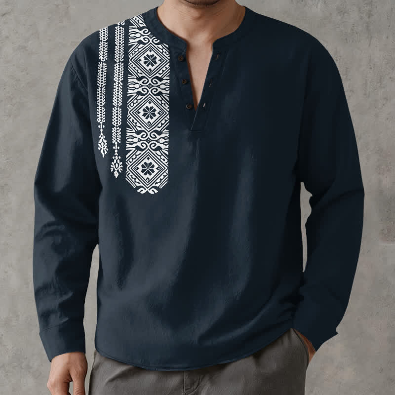 Buddha Stones Camicia da uomo a maniche lunghe con scollo a V e bottoni, in cotone, con motivo geometrico a quadrati tribali. - Marina - US/UK/AU48, EU58 (4XL) - image 7
