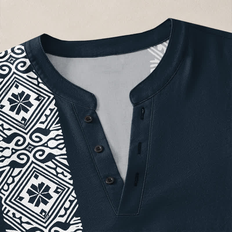 Buddha Stones Camicia da uomo a maniche lunghe con scollo a V e bottoni, in cotone, con motivo geometrico a quadrati tribali. - image 11