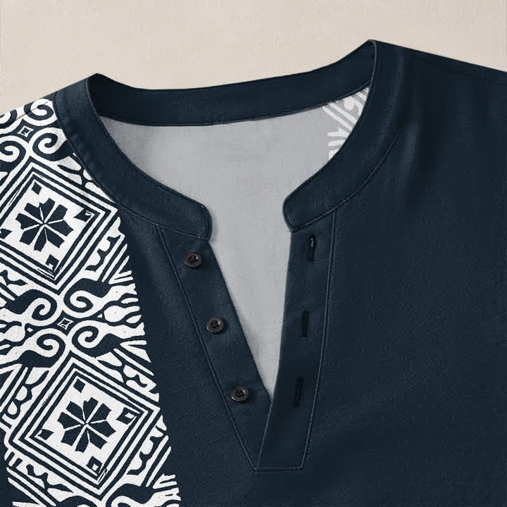 Buddha Stones Camicia da uomo a maniche lunghe con scollo a V e bottoni, in cotone, con motivo geometrico a quadrati tribali. - image 11