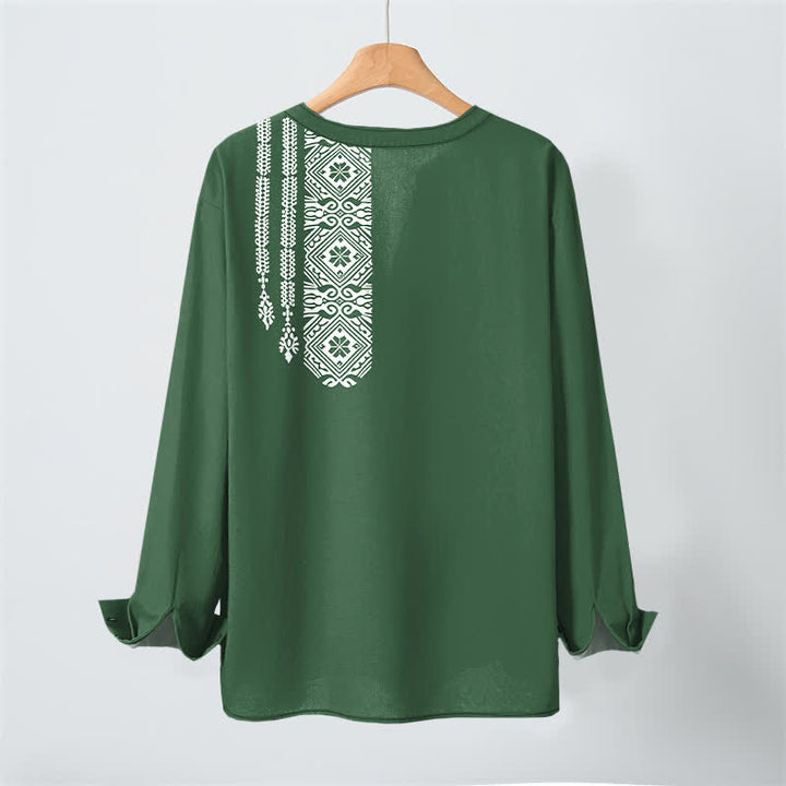 Buddha Stones Camicia da uomo a maniche lunghe con scollo a V e bottoni, in cotone, con motivo geometrico a quadrati tribali. - image 17