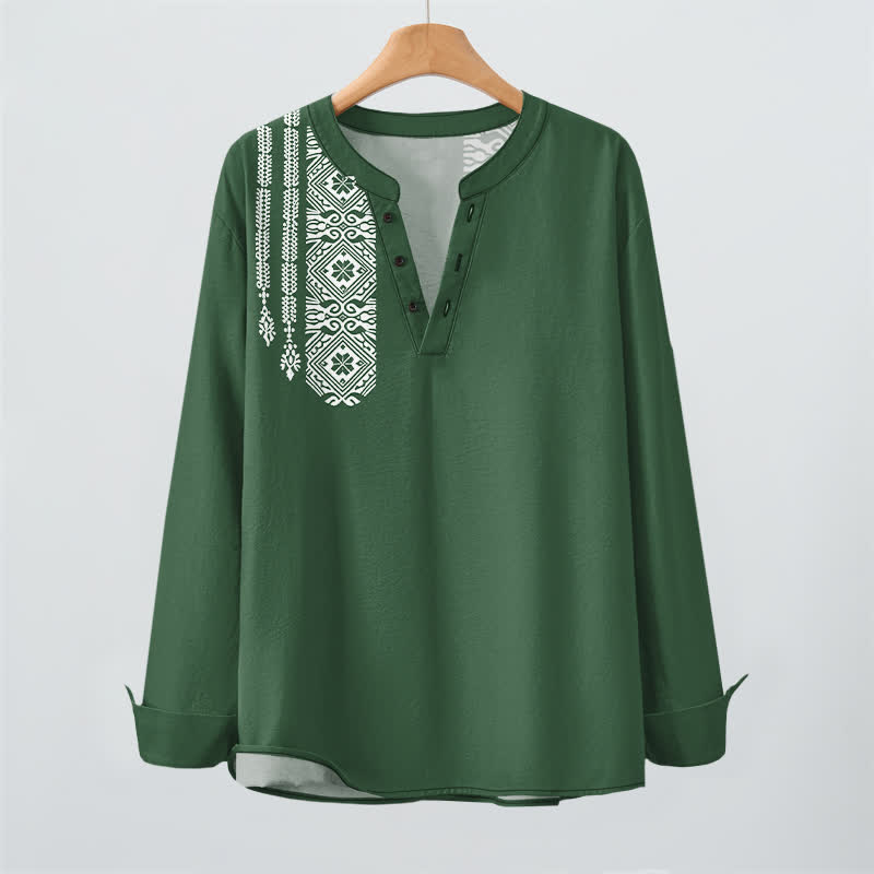 Buddha Stones Camicia da uomo a maniche lunghe con scollo a V e bottoni, in cotone, con motivo geometrico a quadrati tribali. - image 16