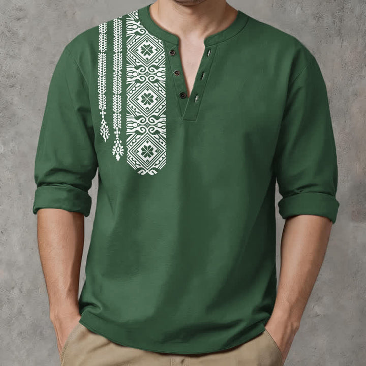 Buddha Stones Camicia da uomo a maniche lunghe con scollo a V e bottoni, in cotone, con motivo geometrico a quadrati tribali. - image 15