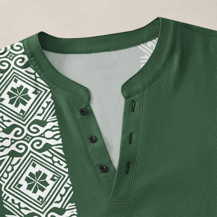 Buddha Stones Camicia da uomo a maniche lunghe con scollo a V e bottoni, in cotone, con motivo geometrico a quadrati tribali. - image 18