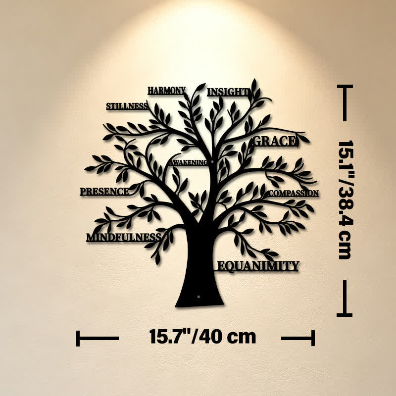 Buddha Stones Albero della Vita in metallo nero opaco con parole di consapevolezza e guarigione, simboli significativi, decorazione da parete. - Circa 40 cm x 38 cm x 0,1 cm / 15,75 pollici x 15,12 pollici x 0,04 pollici - image 8