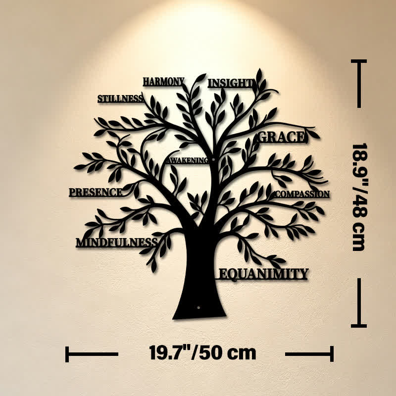 Buddha Stones Albero della Vita in metallo nero opaco con parole di consapevolezza e guarigione, simboli significativi, decorazione da parete. - Circa 50 cm x 48 cm x 0,12 cm / 19,69 pollici x 18,90 pollici x 0,05 pollici - image 10