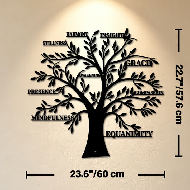 Buddha Stones Albero della Vita in metallo nero opaco con parole di consapevolezza e guarigione, simboli significativi, decorazione da parete. - Circa 60 cm x 58 cm x 0,12 cm / 23,62 pollici x 22,68 pollici x 0,05 pollici - image 12