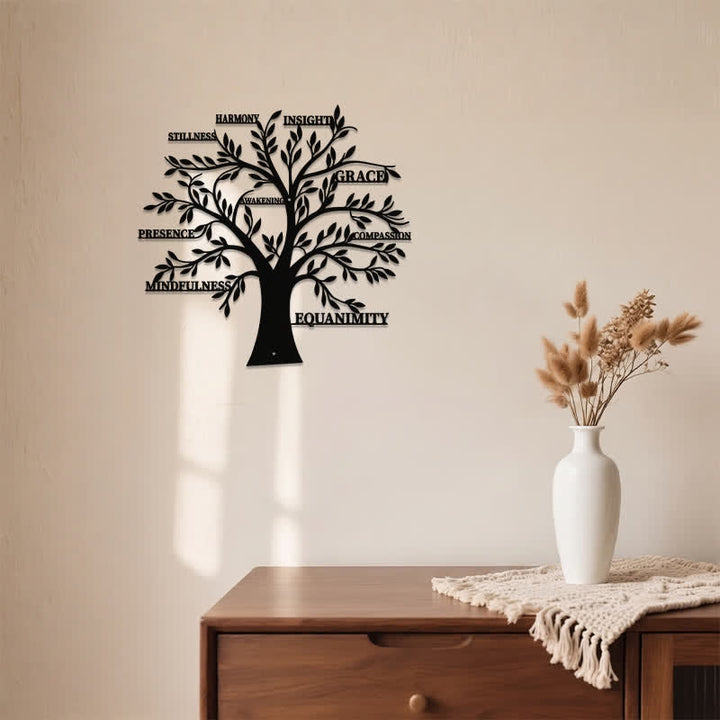 Buddha Stones Albero della Vita in metallo nero opaco con parole di consapevolezza e guarigione, simboli significativi, decorazione da parete. - image 3