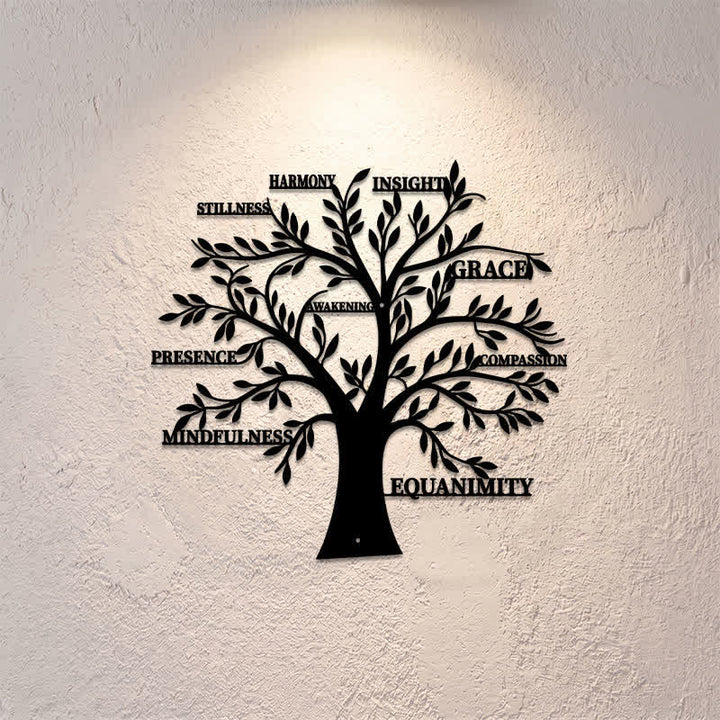 Buddha Stones Albero della Vita in metallo nero opaco con parole di consapevolezza e guarigione, simboli significativi, decorazione da parete. - image 0
