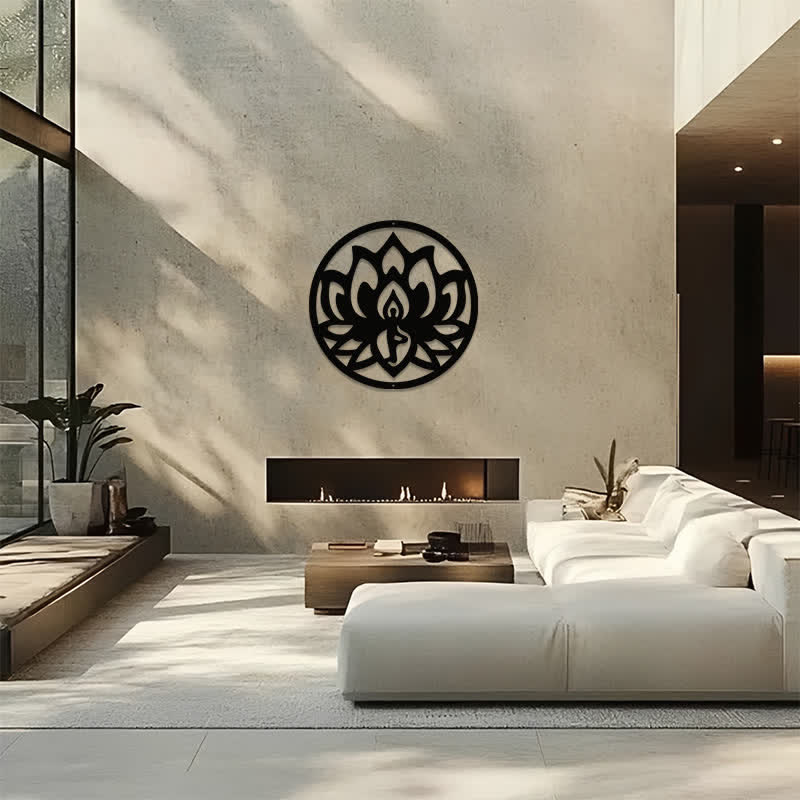 Buddha Stones Decorazione murale rotonda in metallo nero con simboli significativi di loto e illuminazione. - image 13