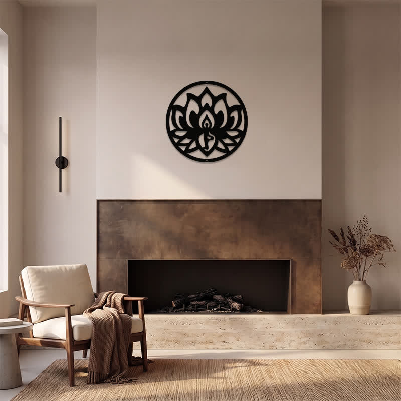 Buddha Stones Decorazione murale rotonda in metallo nero con simboli significativi di loto e illuminazione. - image 11