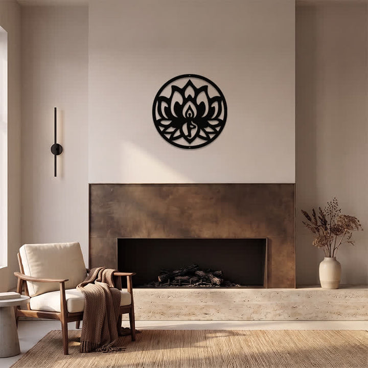 Buddha Stones Decorazione murale rotonda in metallo nero con simboli significativi di loto e illuminazione. - image 11