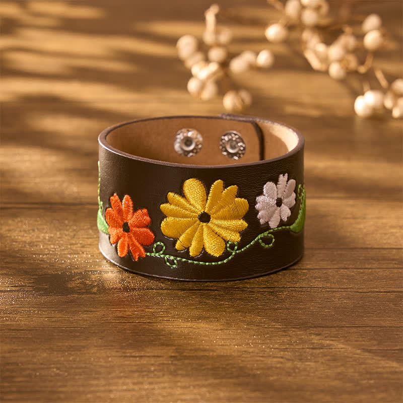 Buddha Stones Bracciale protettivo in pelle intrecciata a mano con ricami floreali. - image 3
