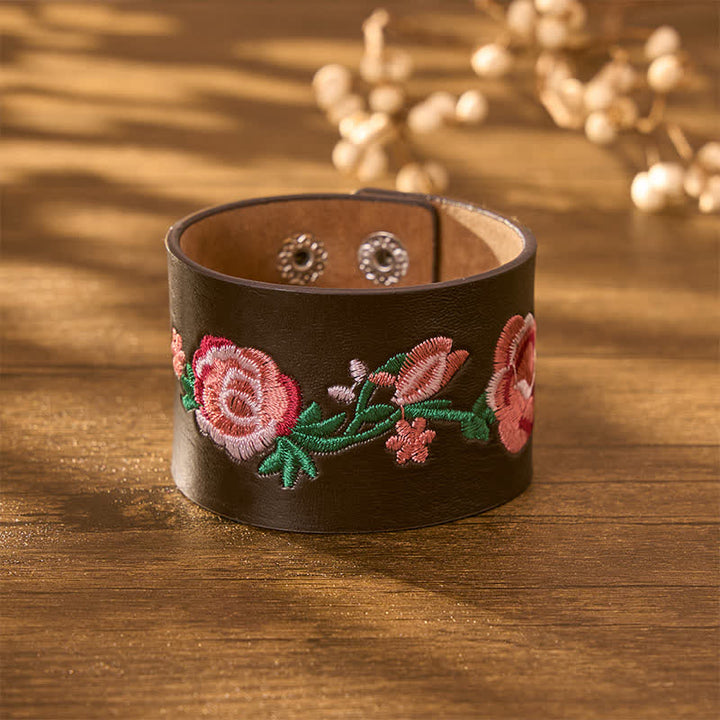 Buddha Stones Bracciale vintage con fibbia in pelle ricamata con fiori, rose e farfalle. - image 19