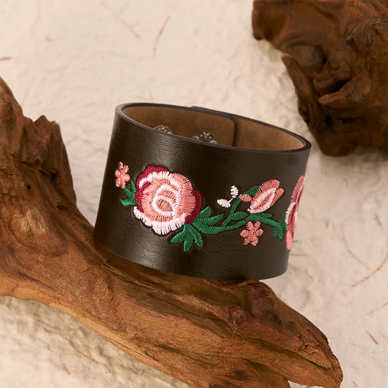 Buddha Stones Bracciale vintage con fibbia in pelle ricamata con fiori, rose e farfalle. - image 18