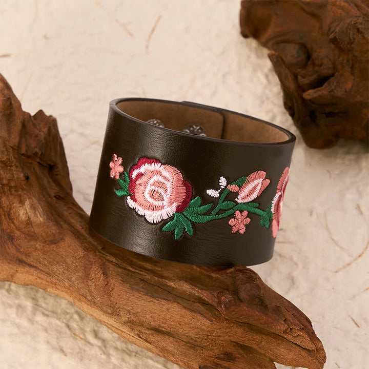 Buddha Stones Bracciale vintage con fibbia in pelle ricamata con fiori, rose e farfalle. - image 18