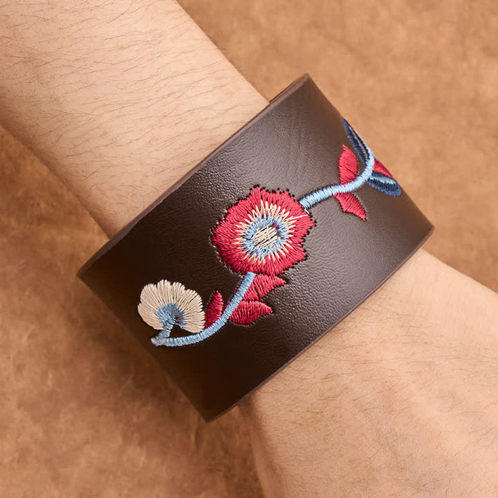 Buddha Stones Bracciale vintage con fibbia in pelle ricamata con fiori, rose e farfalle. - image 13