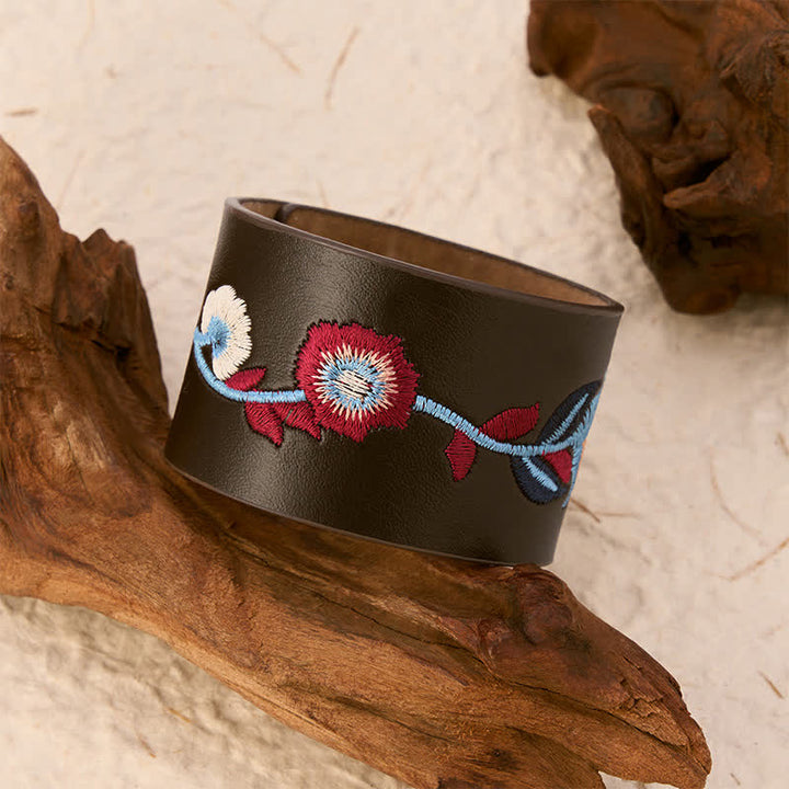 Buddha Stones Bracciale vintage con fibbia in pelle ricamata con fiori, rose e farfalle. - image 11