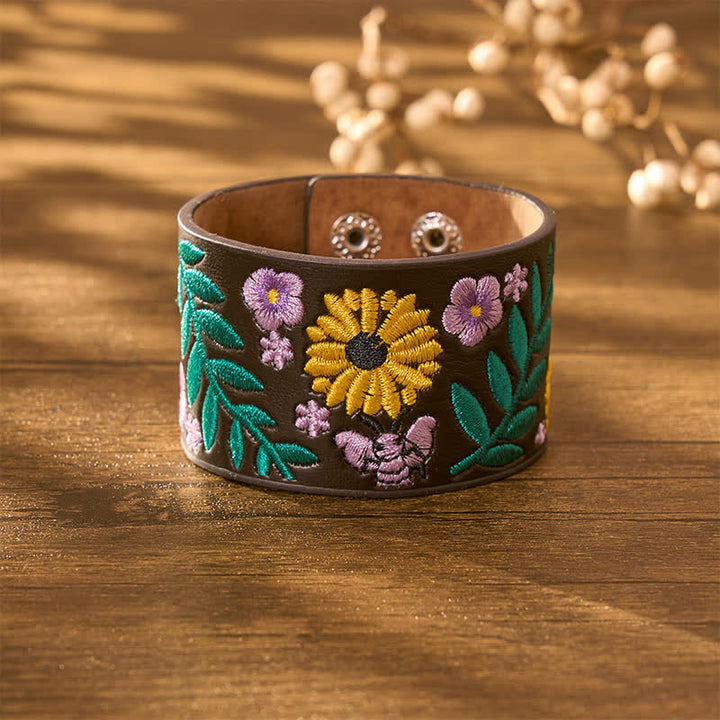 Buddha Stones Bracciale vintage con fibbia in pelle ricamata con fiori, rose e farfalle. - image 3