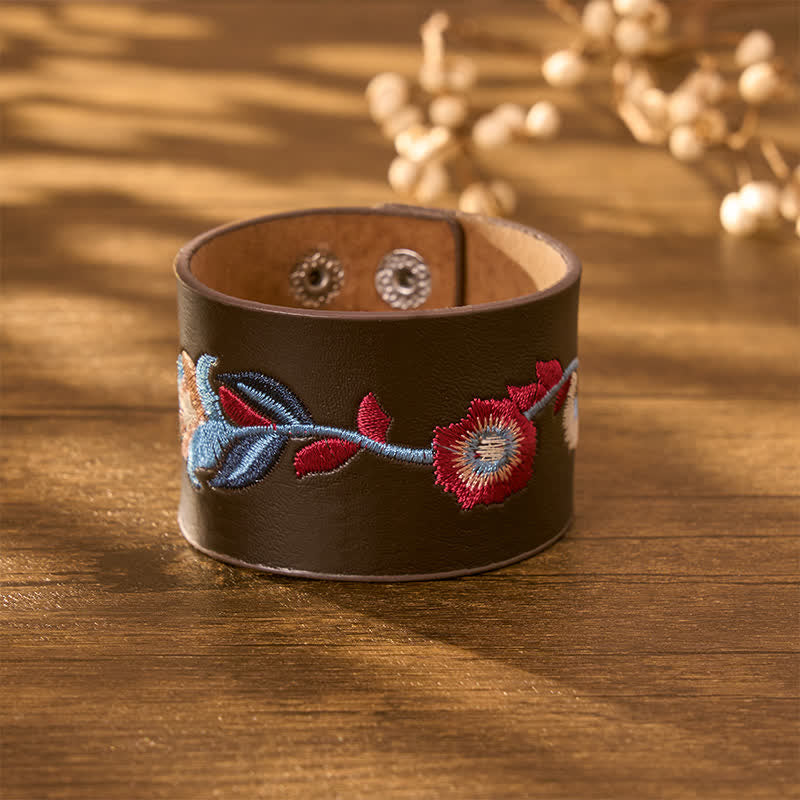 Buddha Stones Bracciale vintage con fibbia in pelle ricamata con fiori, rose e farfalle. - image 12