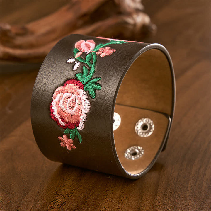 Buddha Stones Bracciale vintage con fibbia in pelle ricamata con fiori, rose e farfalle. - image 17