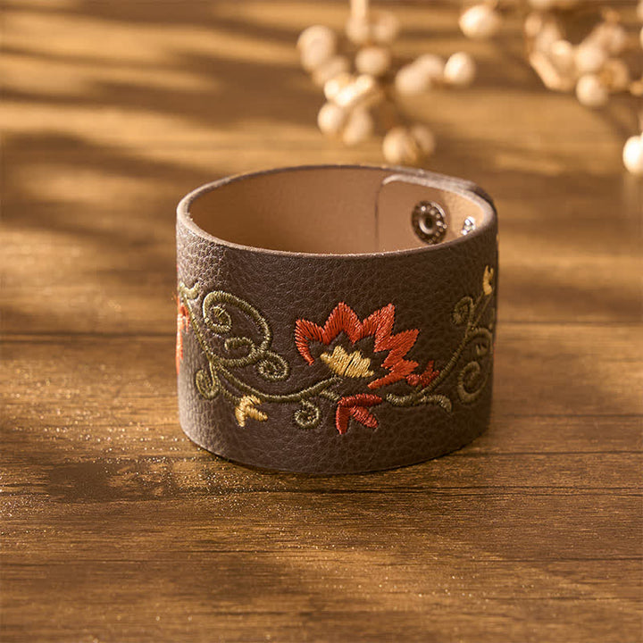Buddha Stones Bracciale protettivo in pelle con ricamo floreale e fibbia regolabile. - image 2