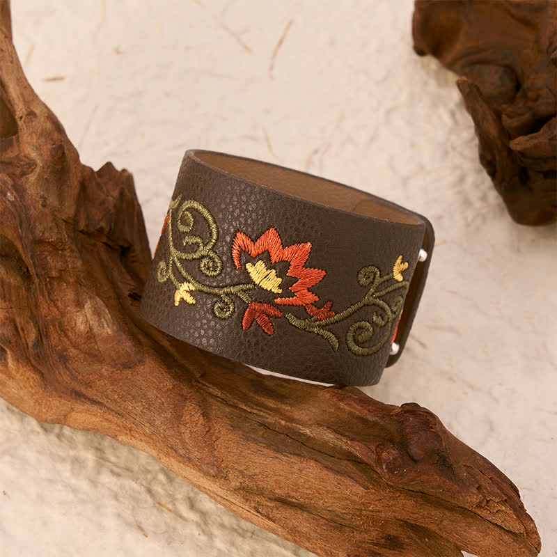 Buddha Stones Bracciale protettivo in pelle con ricamo floreale e fibbia regolabile. - image 3
