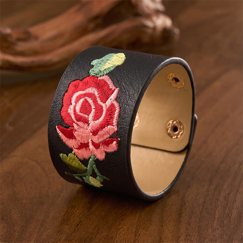 Buddha Stones Bracciale in pelle con fibbia di protezione larga e rose ricamate a rosa - image 2