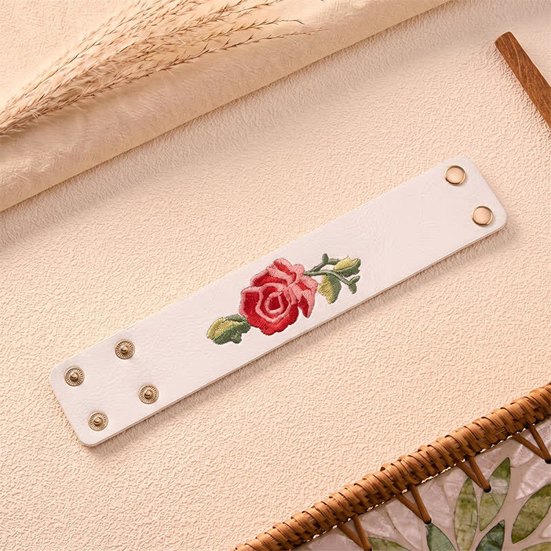 Buddha Stones Bracciale in pelle con fibbia di protezione larga e rose ricamate a rosa - image 26
