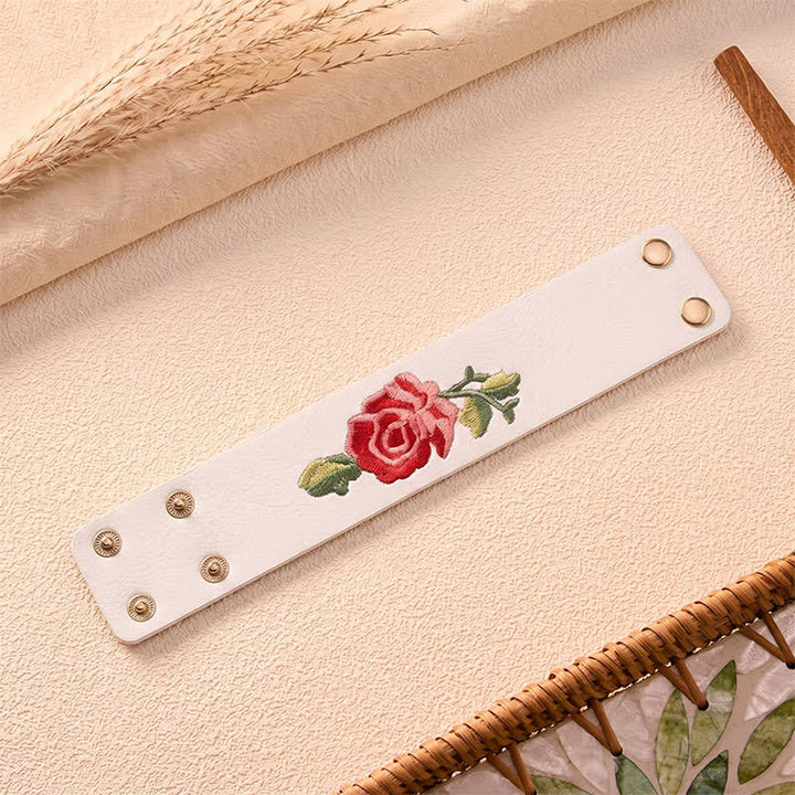 Buddha Stones Bracciale in pelle con fibbia di protezione larga e rose ricamate a rosa - image 26